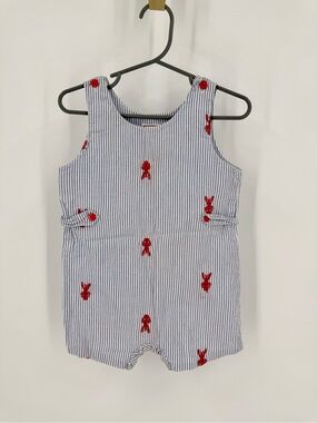Cotton Kids 18M Lobster Seersucker Romper Blue White Embroidered